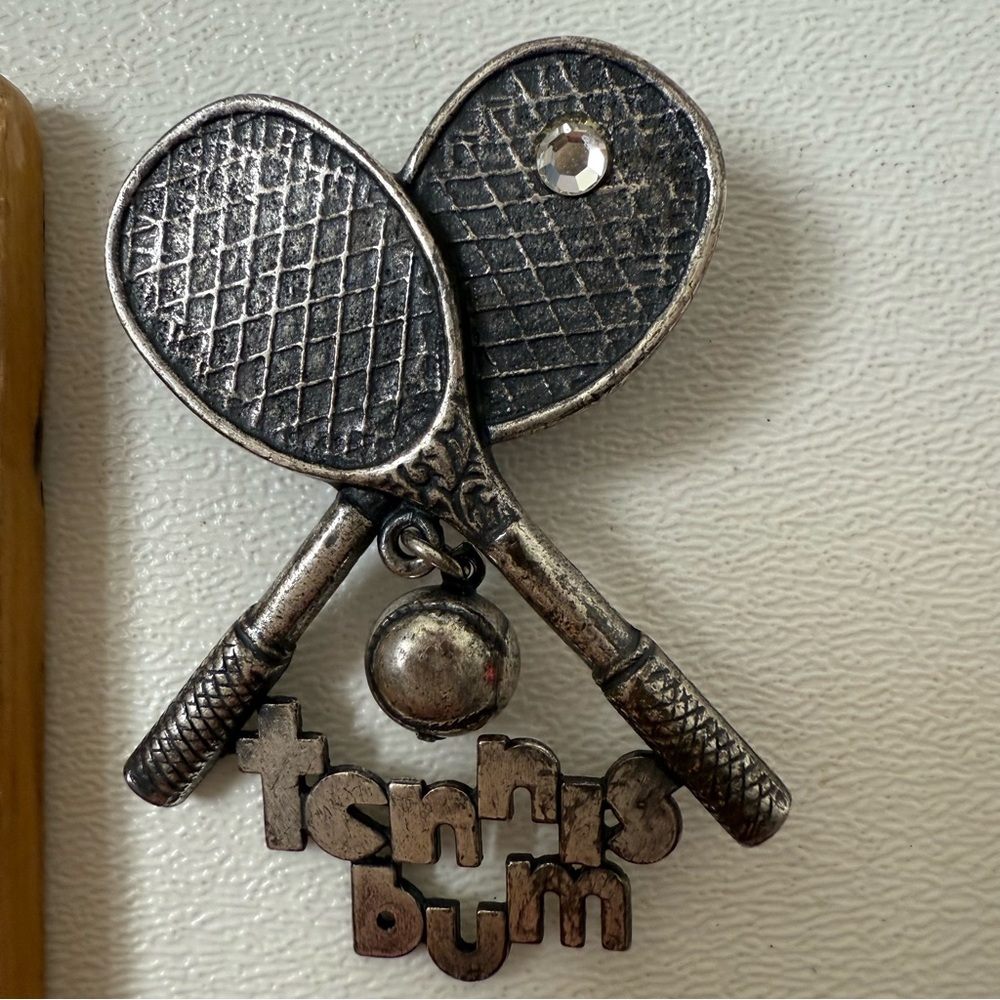 Vintage Tennis Racket Brooch Tennis Bum Rhinestone Tennis Ball Pin - Picture 5 of 5
